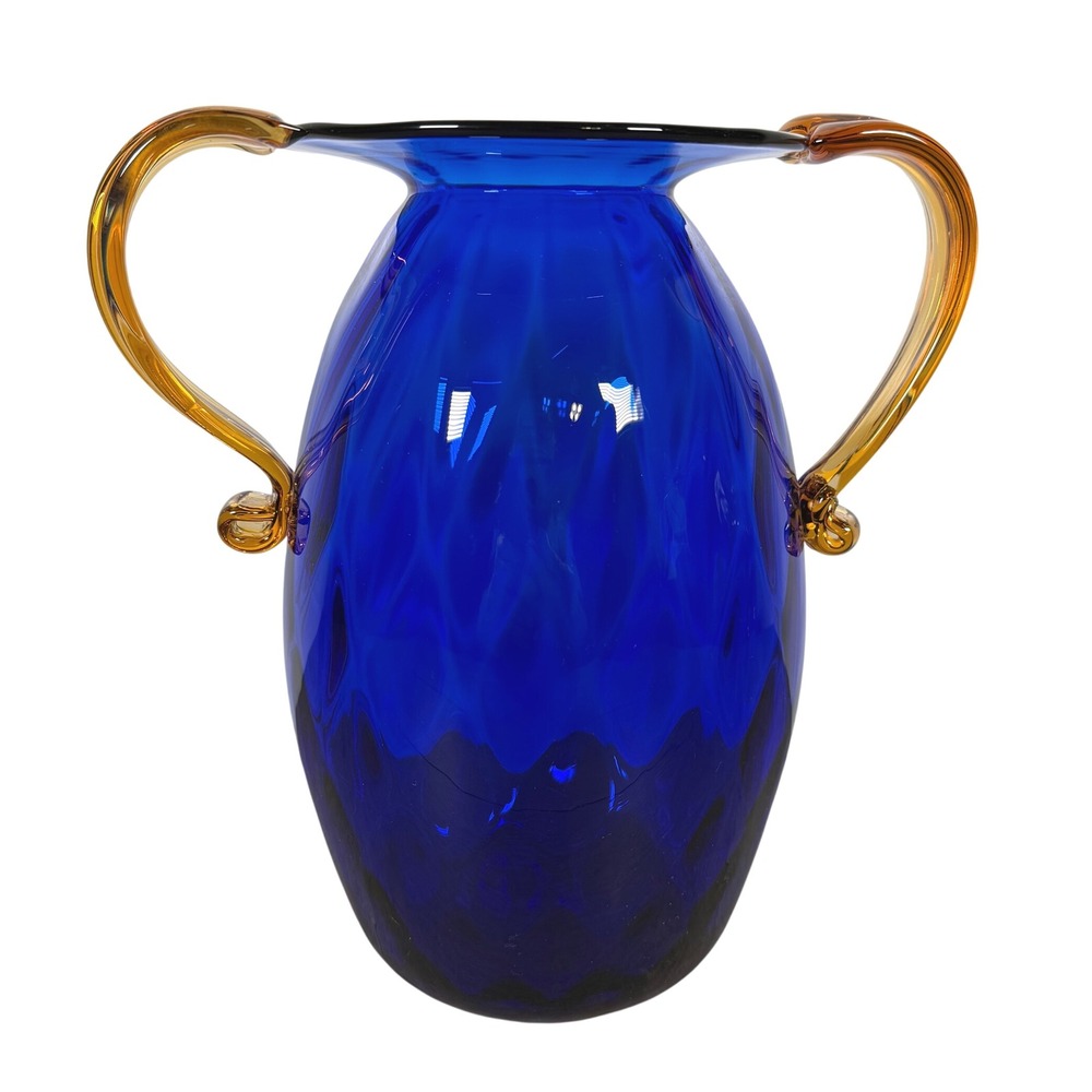 Blenko Cobalt Blue Optic Honeycomb Pitcher Amber Handles 9.5" MCM USA
